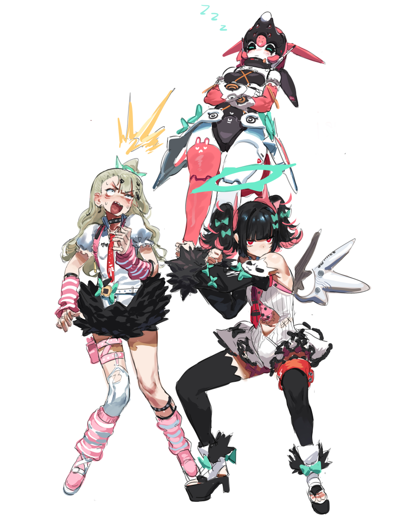 !, 3girls, absurdres, angels_of_delusion, aqua_bow, aria_(robot)_(zenless_zone_zero), aria_(zenless_zone_zero), arm_warmers