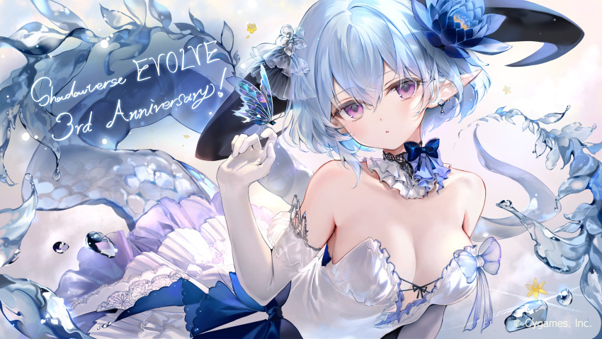 1girl, absurdres, animal, animal_on_hand, anniversary, bare_shoulders, black_choker, blue_bow, blue_dress, blue_hair, blue_theme, bow, breasts, bug, butterfly, choker, cleavage, cygames, dress, elf, flower, frills, hat, highres, holding_butterfly, insect, kouyafu, large_breasts, light_blue_hair, long_hair, lotus, petals, pointy_ears, purple_eyes, shadowverse, silver_hair, solo, sparkling, sparkling_eyes, water, white_dress, witch_hat