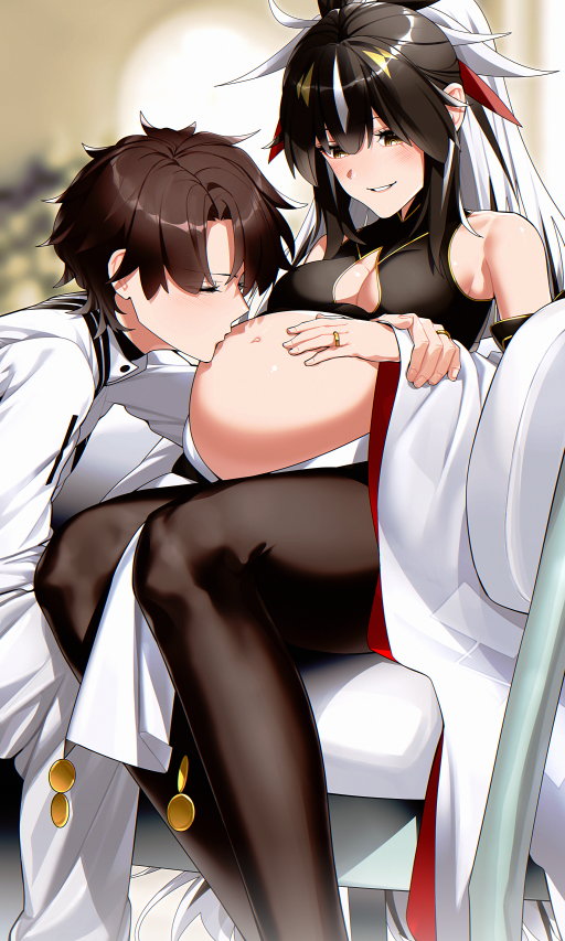 1boy, 1girl, ahoge, bare_shoulders, black_hair, black_pantyhose, blush, breasts, breasts_apart, bright_pupils, cleavage_cutout, closed_eyes, clothing_cutout, commentary_request, commission, detached_sleeves, fate/grand_order, fate_(series), fujimaru_ritsuka_(male), hair_between_eyes, halterneck, hand_on_another's_arm, hand_on_own_stomach, jacket, jewelry, kissing_stomach, long_hair, long_sleeves, medium_breasts, multicolored_hair, nagao_kagetora_(fate), navel, pantyhose, pixiv_commission, ponytail, pregnant, ring, short_hair, smile, star_(symbol), streaked_hair, tamamoice, teeth, two-tone_hair, uesugi_kenshin_(third_ascension)_(fate), very_long_hair, wedding_ring, white_hair, white_jacket, white_pupils, wide_sleeves