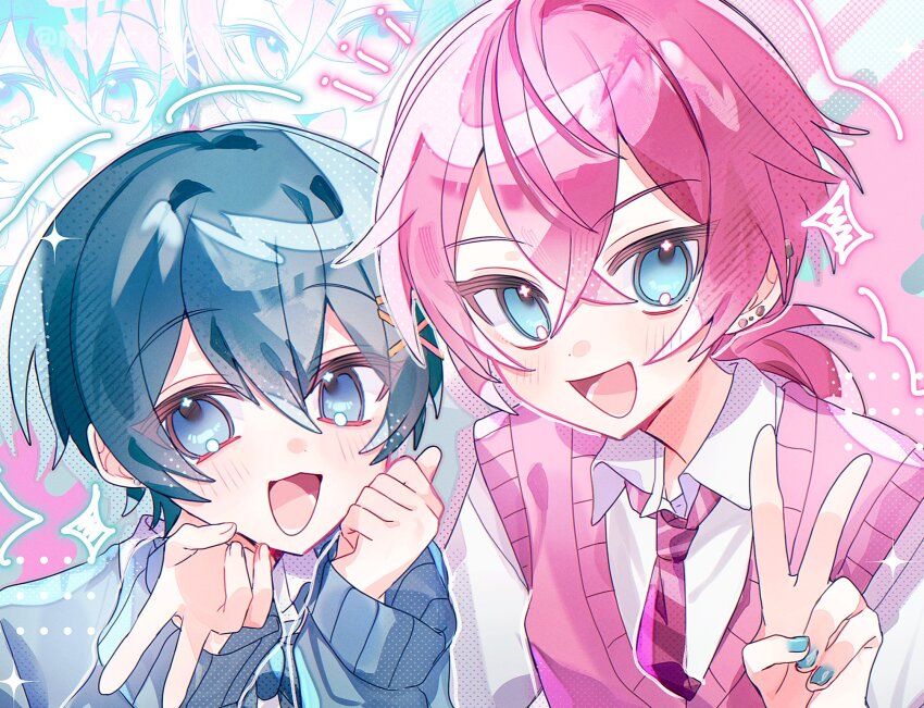 2boys, amptakxcolors, blue_eyes, blue_hair, blue_nails, blush, clenched_hand, ear_piercing