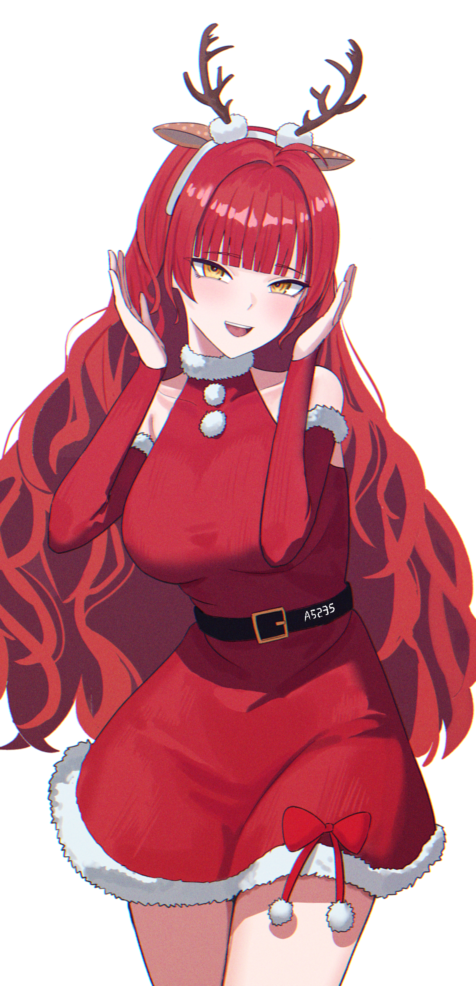 1girl, a5235, animal_ears, antlers, bare_shoulders, belt, black_belt, blunt_bangs