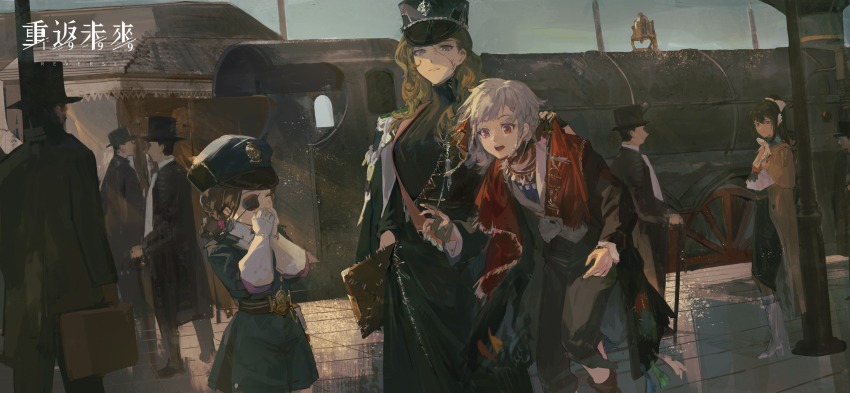 4girls, aima_(reverse:1999), black_coat, black_dress, black_hair, black_pants, black_skirt, boots, braid, braided_hair_rings, brown_cape, brown_hair, cape, carrying, carrying_person, clipboard, closed_eyes, coat, coat_on_shoulders, copyright_name, corvus_(reverse:1999), covering_own_mouth, dress, eyepatch, feet_out_of_frame, full_body, gloves, green_hat, green_jacket, green_shorts, grey_boots, grey_eyes, grey_hair, hair_rings, hands_up, hat, highres, jacket, logo, long_skirt, looking_at_another, multiple_girls, neckerchief, official_art, one_eye_covered, open_mouth, outdoors, pants, peaked_cap, people, red_eyes, red_scarf, reverse:1999, rubuska, scarf, semmelweis_(reverse:1999), shorts, skirt, smile, standing, stitched_face, stitches, top_hat, train, train_station_platform, upper_body, white_gloves, white_jacket, white_neckerchief