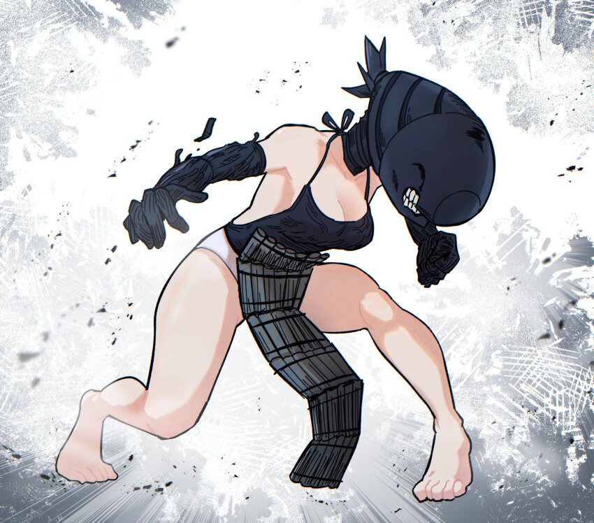 1girl, bare_shoulders, barefoot, black_camisole, black_gloves, black_shirt, bomb, bomb_devil_(chainsaw_man), breasts, camisole, chainsaw_man, cleavage, clenched_teeth, elbow_gloves, explosive, full_body, gloves, hamzzirong, highres, lunging, medium_breasts, panties, reze_(chainsaw_man), shirt, solo, spaghetti_strap, teeth, underwear, white_panties