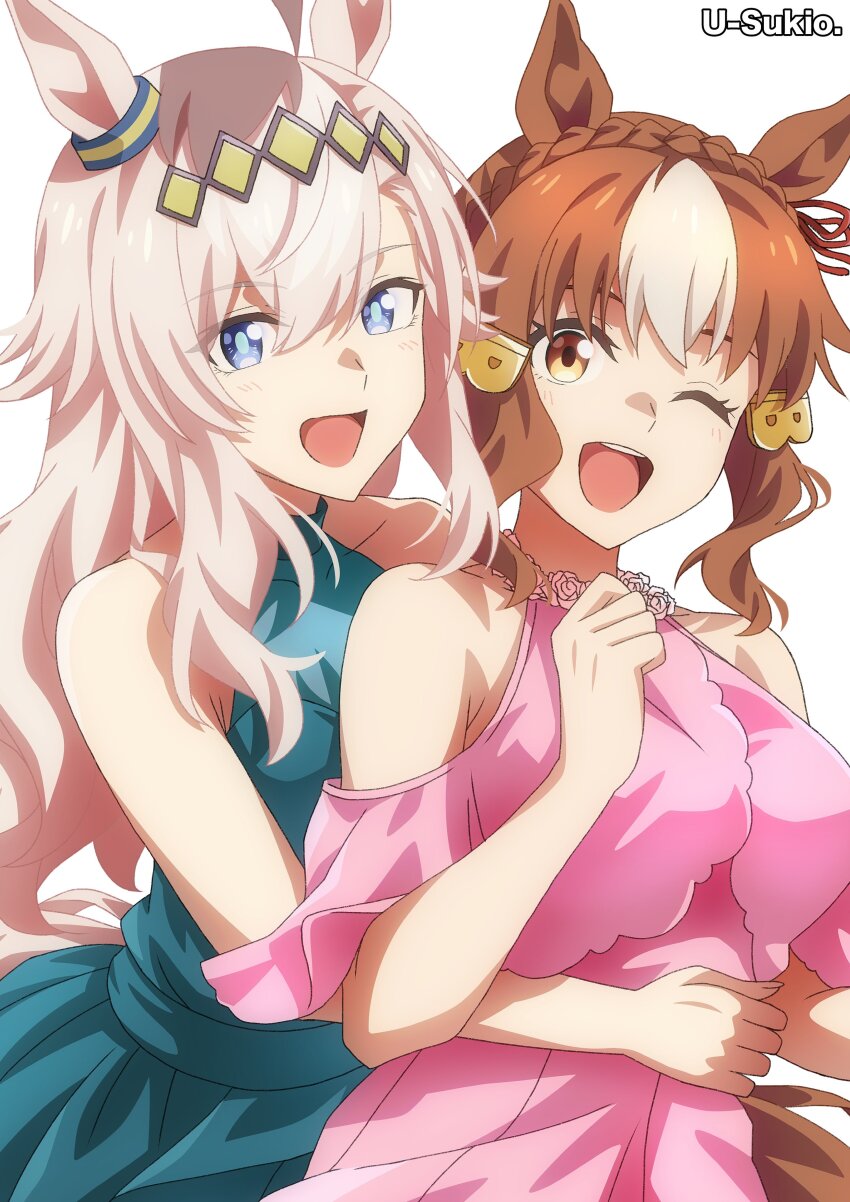 2girls, absurdres, ahoge, alternate_costume, animal_ears, aqua_dress, artist_name, bare_shoulders, belno_light_(umamusume), blue_dress, blue_eyes, blush, bow, braid, breasts, brown_eyes, brown_hair, crown_braid, diamond_(shape), dress, ear_ornament, ear_ribbon, grey_hair, grey_tail, hair_between_eyes, hair_ornament, hand_up, highres, horse_ears, horse_girl, horse_tail, hug, hug_from_behind, large_breasts, letter_hair_ornament, long_hair, looking_at_viewer, multicolored_hair, multiple_girls, oguri_cap_(umamusume), one_eye_closed, open_mouth, pink_dress, short_hair, simple_background, smile, tail, textless_version, two-tone_hair, u-sukio., umamusume, umamusume:_cinderella_gray, white_background, white_hair