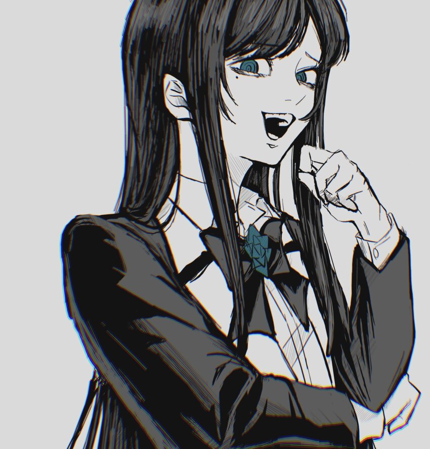 1girl, ado_(utaite), black_bow, black_bowtie, black_hair, blue_eyes, bow, bowtie