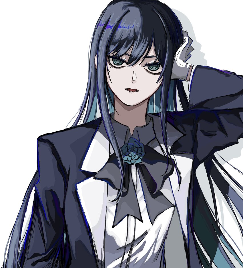 1girl, ado_(utaite), black_bow, black_bowtie, black_coat, black_hair, blue_eyes, blue_hair