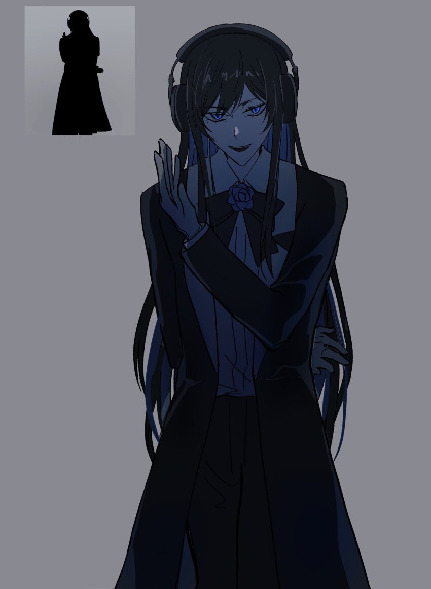 1girl, ado_(utaite), black_coat, black_hair, blue_eyes, blue_hair, chando_(ado), coat