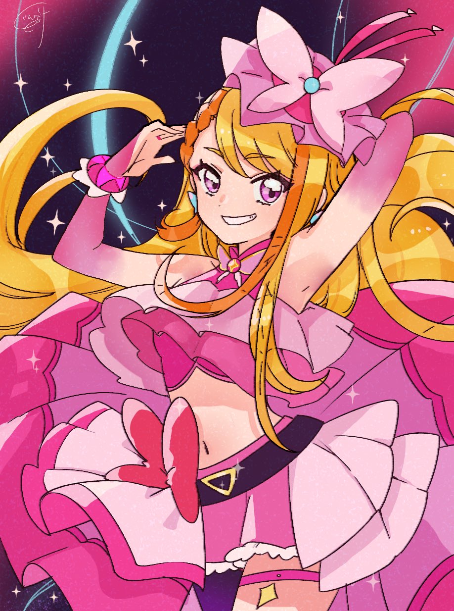 1girl, arm_behind_head, arms_up, artist_name, bad_id, bad_twitter_id, belt, black_belt, blonde_hair, bow, braid, braided_bangs, bridal_gauntlets, brooch, butterfly_hat_ornament, commentary, cowboy_shot, cropped_shirt, cure_butterfly, earrings, elbow_gloves, frilled_shirt, frills, gloves, grin, hat, hat_ornament, highres, hijiri_ageha, hirogaru_sky!_precure, jewelry, long_hair, looking_at_viewer, magical_girl, microskirt, midriff, mob_cap, multicolored_hair, navel, orange_hair, pantyhose, pink_gloves, pink_hat, pink_shirt, pink_skirt, pleated_skirt, precure, purple_eyes, purple_pantyhose, red_bow, shirt, showgirl_skirt, signature, single_leg_pantyhose, skirt, skirt_bow, sleeveless, sleeveless_shirt, smile, solo, sparkle, standing, thigh_strap, tilted_headwear, tmur2022, two-tone_hair, very_long_hair, wing_brooch