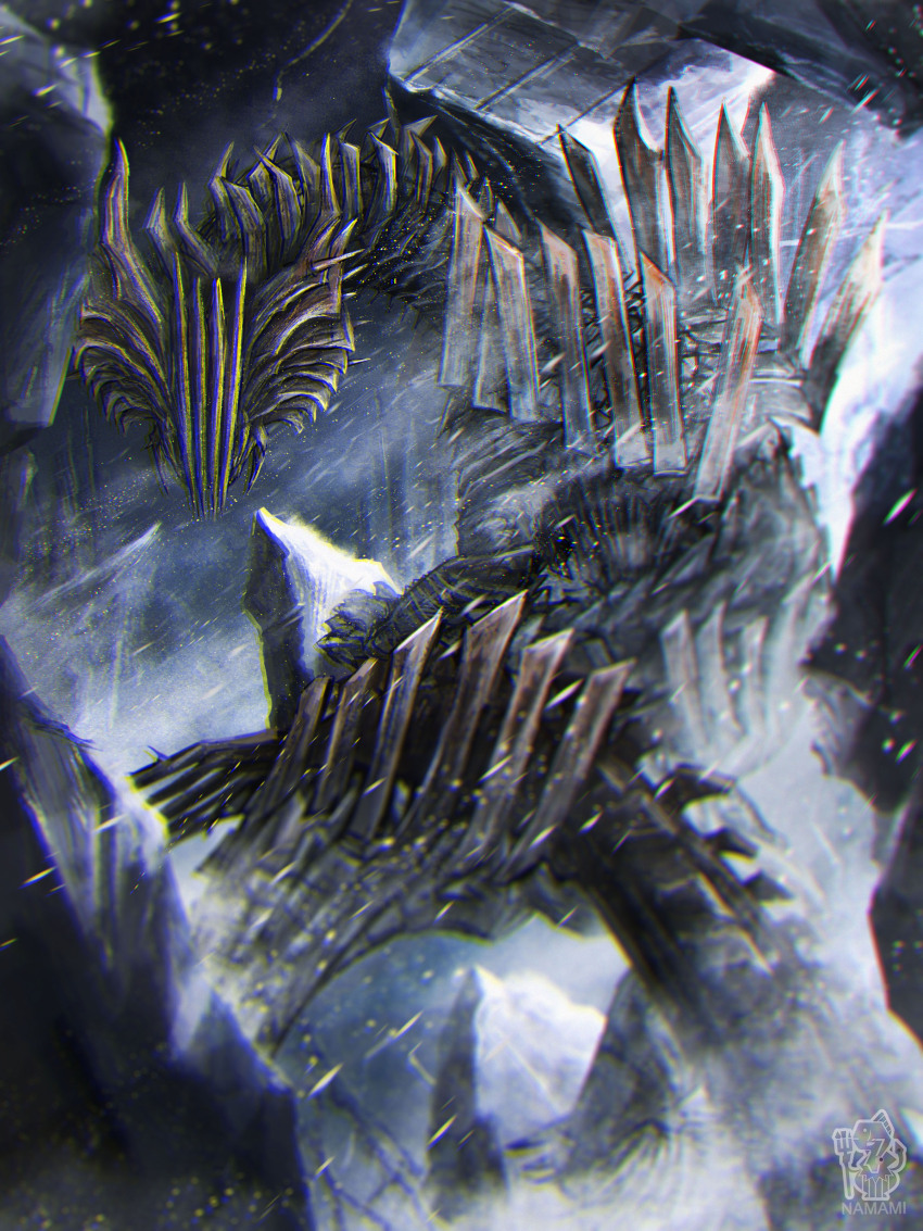 absurdres, blizzard, chin_spike, commentary_request, dragon, gold_scales, highres, horns