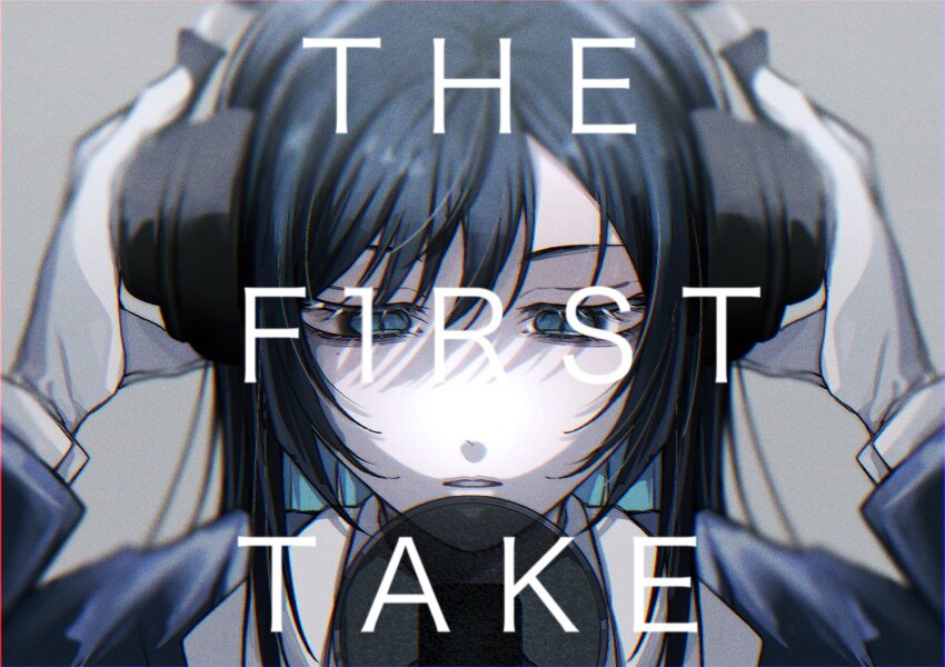 1girl, ado_(utaite), black_hair, blue_eyes, blue_hair, chando_(ado), chromatic_aberration, colored_inner_hair, commentary, gloves, hashtag-only_commentary, headphones, highres, long_hair, mole, mole_under_eye, multicolored_hair, open_mouth, oyashirazu_(adochan_daisuki), pop_filter, solo, the_first_take, white_gloves