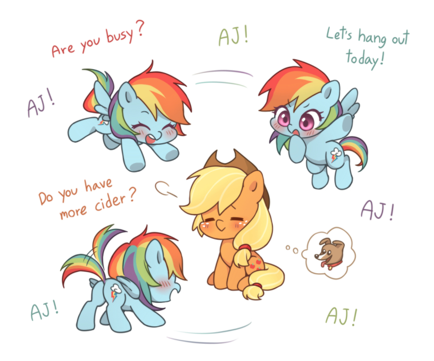 =_=, ^_^, animal, animal_focus, applejack, blonde_hair, blush, brown_hat, chibi, chibi_only, closed_eyes, commentary, cowboy_hat, cutie_mark, dcon_34, dog, english_text, excited, flying, freckles, hat, long_hair, low-tied_long_hair, multicolored_hair, multiple_views, my_little_pony, my_little_pony:_friendship_is_magic, no_humans, open_mouth, pegasus, pink_eyes, pony_(animal), rainbow_dash, rainbow_hair, simple_background, sitting, speech_bubble, tail, tail_wagging, thought_bubble, white_background, wings, winona_(my_little_pony)