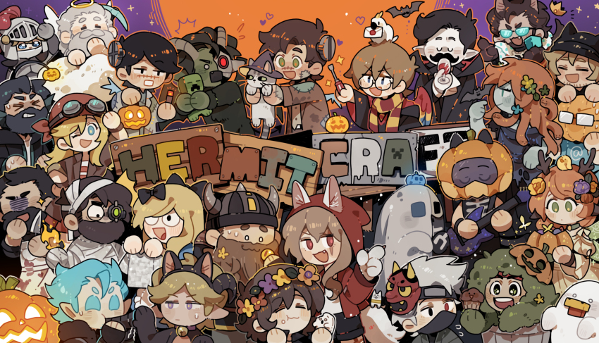 5girls, absolutely_everyone, anglerfish, animal_hands, animal_hat, animification, annotation_request, bdoubleo100, bdoubleo100_(moss_boy), beard, bird_wings, black_hair, blonde_hair, blue_hair, brown_hair, cat, cat_hat, character_request, check_character, chibi, chibi_only, chicken_(minecraft), colored_skin, commentary, copyright_name, cosplay, creeper, crossdressing, crossdressing_(mtf), cubfan135, dark-skinned_male, dark_skin, docm77, double_life_smp, english_commentary, ethoslab, everyone, facial_hair, falsesymmetry, fish, food, frankenstein's_monster, frankenstein's_monster_costume, geminitay, glare_(minecraft), glare_(minecraft)_(cosplay), goat_boy, goat_horns, goodtimeswithscar, green_skin, grian_(youtuber), halloween, halloween_costume, harry_potter, harry_potter_(cosplay), harry_potter_(series), hat, head_wreath, headband, hermitcraft, highres, horns, ijevin, impulsesv, iskall85, jack-o'-lantern, jellie_(hermitcraft), joe_hills, knight, long_hair, luminous_slime, mask, minecraft, minecraft_pickaxe, minecraft_youtube, muffin, multiple_girls, mumbo_jumbo_(youtuber), mustache, object_through_head, official_alternate_costume, one_eye_closed, oni_mask, orange_hair, pearlescentmoon, pearlescentmoon_(5am), pearlescentmoon_(cosplay), pickaxe, pumpkin_head, rendog, scar, scar_across_eye, scar_on_face, screw_in_head, self_cosplay, short_hair, stressmonster101, tangotek, tangotek_(deepfrost_dungeon_master), tinfoilchef, traffic_life_series, vampire, vex_(minecraft), vex_(minecraft)_(cosplay), vintagebeef, welsknight, wings, wizarding_world, xbcrafted, xisumavoid, zedaph, zombiecleo, zombiecleo_(gorgon)