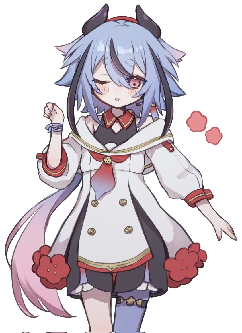 1other, a.i._voice, arazan_(ara_arazan24), asymmetrical_legwear, bare_shoulders, belt, beret, black_horns