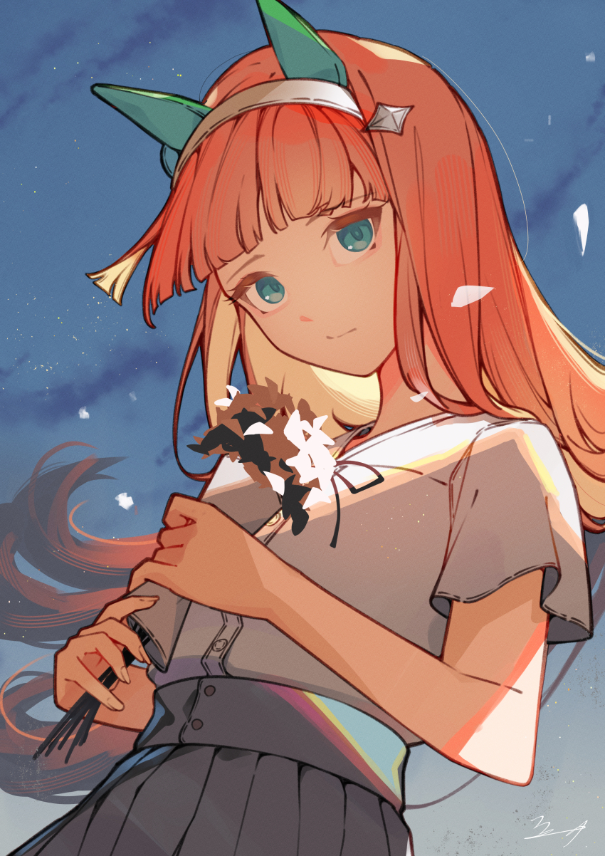 1girl, absurdres, animal_ears, blue_eyes, blue_sky, blunt_bangs, closed_mouth, ear_covers