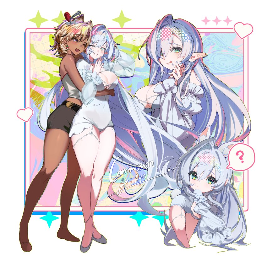 2girls, :o, ?, absurdres, bare_shoulders, blonde_hair, blush, cherry_ornament