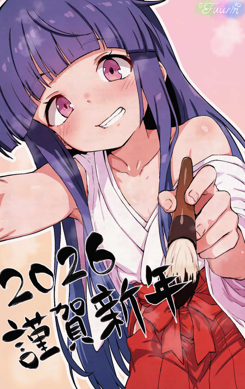 2026, blunt_bangs, blush, calligraphy, collarbone, fingernails, furude_rika, hakama