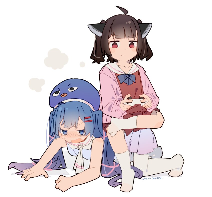 2girls, ahoge, all_fours, ascot, blue_bow, blue_dress, blue_eyes, blue_hair, blue_hat, blunt_bangs, blush, bow, bowtie, brown_hair, cardigan, casual, commentary_request, controller, dress, full_body, game_controller, gradient_hair, hair_ornament, hair_ribbon, hairclip, hat, headgear, highres, holding, holding_controller, holding_game_controller, human_chair, human_furniture, jitome, large_hat, long_hair, long_sleeves, looking_at_viewer, multicolored_hair, multiple_girls, nimingduz, official_alternate_costume, open_mouth, otomachi_una, pantyhose, pink_cardigan, pink_ribbon, puffy_long_sleeves, puffy_sleeves, punishment_game, purple_hair, red_dress, red_eyes, ribbon, sailor_collar, simple_background, sitting, sitting_on_person, sleeveless, sleeveless_dress, smile, socks, sweatdrop, touhoku_kiritan, twintails, v-shaped_eyebrows, vocaloid, voiceroid, white_ascot, white_background, white_pantyhose, white_sailor_collar, white_socks