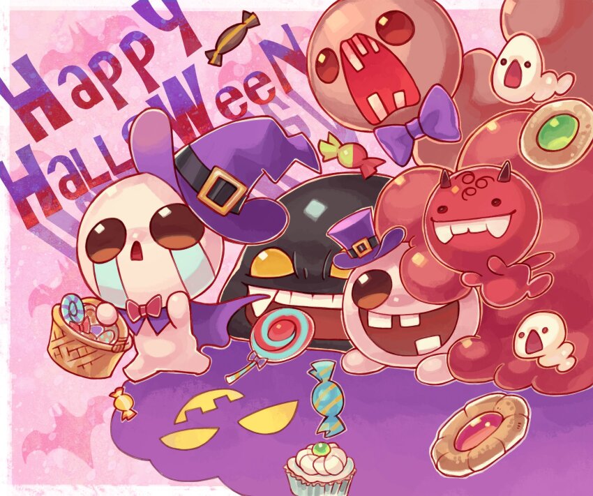 1boy, artist_request, bald, basket, bat_background, black_skin, border, bow, bowtie, brown_eyes, buckle, candy, cape, charger_(the_binding_of_isaac), chasing, chub_(the_binding_of_isaac), clot_(the_binding_of_isaac), colored_skin, commentary, cookie, crying, cupcake, demon, demon_horns, english_commentary, fangs, fleeing, food, gold_buckle, gurgling_(the_binding_of_isaac), halloween, happy_halloween, hat, highres, holding, holding_basket, horns, icing, isaac_(the_binding_of_isaac), jack-o'-lantern, loki_(the_binding_of_isaac), lollipop, maggot, missing_tooth, monster, mutation, no_nose, no_pupils, official_art, open_mouth, outline, patterned_background, pink_background, purple_bow, purple_bowtie, purple_cape, purple_hat, red_bow, red_bowtie, red_horns, red_skin, running, second-party_source, streaming_tears, tears, teeth, the_binding_of_isaac, thumbprint_cookie, tilted_headwear, tooth_gap, top_hat, whipped_cream, white_border, white_outline, witch_hat, worm, wrapped_candy, yellow_eyes