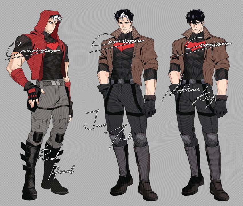 batman_(series), batman_symbol, black_bodysuit, black_gloves, black_hair, blue_eyes, bodysuit, brown_jacket