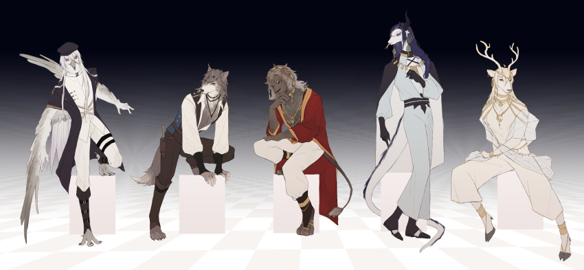 5boys, absurdres, alkaid_mcgrath, alkaid_mcgrath_(spirit_world), anklet, antlers, aqua_eyes, arm_support