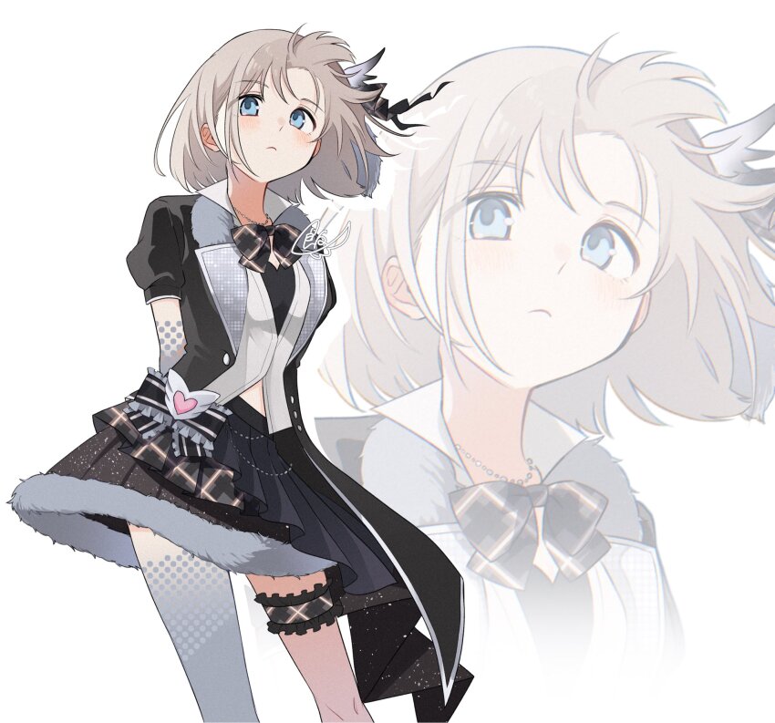 1girl, arms_behind_back, black_bow, black_bowtie, black_jacket, black_ribbon, black_skirt, blue_eyes, blush, bow, bowtie, breasts, chain, chain_necklace, closed_mouth, commentary, expressionless, frilled_ribbon, frills, fur-trimmed_skirt, fur_trim, grey_hair, grey_thighhighs, hair_ribbon, highres, idol_clothes, idolmaster, idolmaster_shiny_colors, jacket, jewelry, looking_ahead, messiah_go, necklace, overcast_monochrome_(idolmaster), plaid_bow, plaid_bowtie, plaid_clothes, puffy_short_sleeves, puffy_sleeves, ribbon, serizawa_asahi, short_hair, short_sleeves, signature, single_thighhigh, skirt, small_breasts, thigh_strap, thighhighs, white_background, zoom_layer