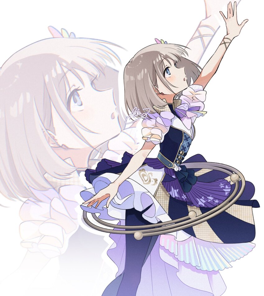 1girl, arm_up, black_dress, black_pantyhose, blue_eyes, blush, bracelet, commentary