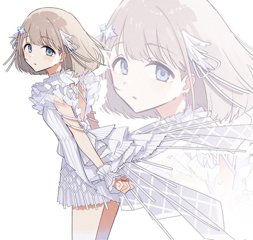 1girl, arms_at_sides, back_cutout, blue_eyes, blush, breasts, clothing_cutout, commentary, cowboy_shot, dress, earrings, flowing_belle_(idolmaster), frilled_dress, frilled_wrist_cuffs, frills, from_side, grey_hair, hair_ornament, hair_ribbon, highres, idol_clothes, idolmaster, idolmaster_shiny_colors, jewelry, looking_at_viewer, messiah_go, parted_lips, ribbon, serizawa_asahi, short_dress, short_hair, signature, sleeveless, sleeveless_dress, small_breasts, white_background, white_dress, white_ribbon, white_wrist_cuffs, wing_hair_ornament, wrist_cuffs, zoom_layer