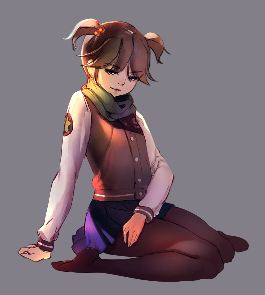 1girl, adam19880119, arm_support, black_pantyhose, boku_dake_ga_inai_machi, full_body, grey_background, hair_bobbles, hair_ornament, highres, jacket, kneeling, long_sleeves, looking_at_viewer, pantyhose, parted_lips, solo, twintails, yanagihara_misato