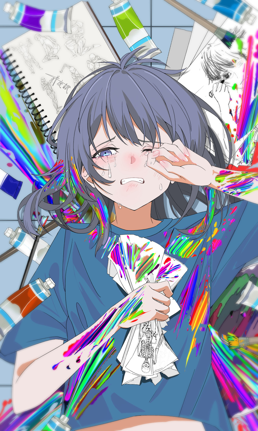 1girl, absurdres, arm_up, blue_eyes, blue_shirt, blurry, clenched_teeth, commentary_request