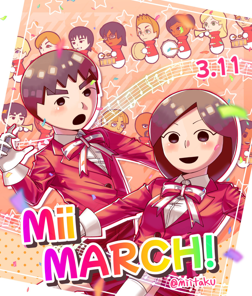 1boy, 1girl, 6+boys, 6+girls, absurdres, ball, beamed_eighth_notes, black_eyes, black_hair, blazer, blonde_hair, blush, bow, bowtie, brown_hair, chibi, collared_shirt, confetti, copyright_name, cymbals, dark_skin, drum, drumsticks, eighth_note, glasses, gloves, guest_c_(mii), guest_f_(mii), guitar, highres, holding, holding_instrument, instrument, jacket, long_sleeves, looking_at_viewer, matt_(wii), mii_(nintendo), miitaku, multiple_boys, multiple_girls, music, musical_note, musical_staff, nintendo, open_mouth, pants, parade, playing_instrument, quarter_note, red_jacket, ribbon, school_uniform, shirt, short_hair, smile, star_(symbol), tambourine, trumpet, twitter_username, violin, white_gloves, white_shirt