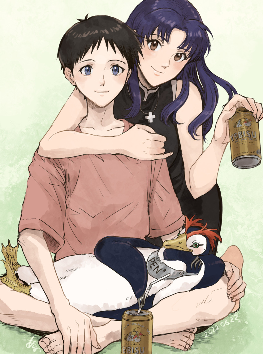 1boy, 1girl, absurdres, animal, animal_on_lap, arano_nknk, arm_around_neck, bare_shoulders