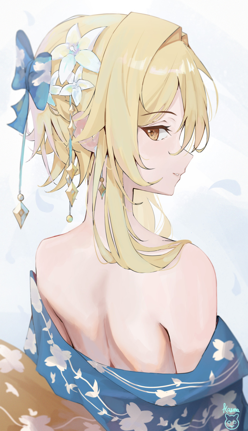 absurdres, blonde_hair, blue_trim, dress, feather_hair_ornament, feathers, flower, genshin_impact