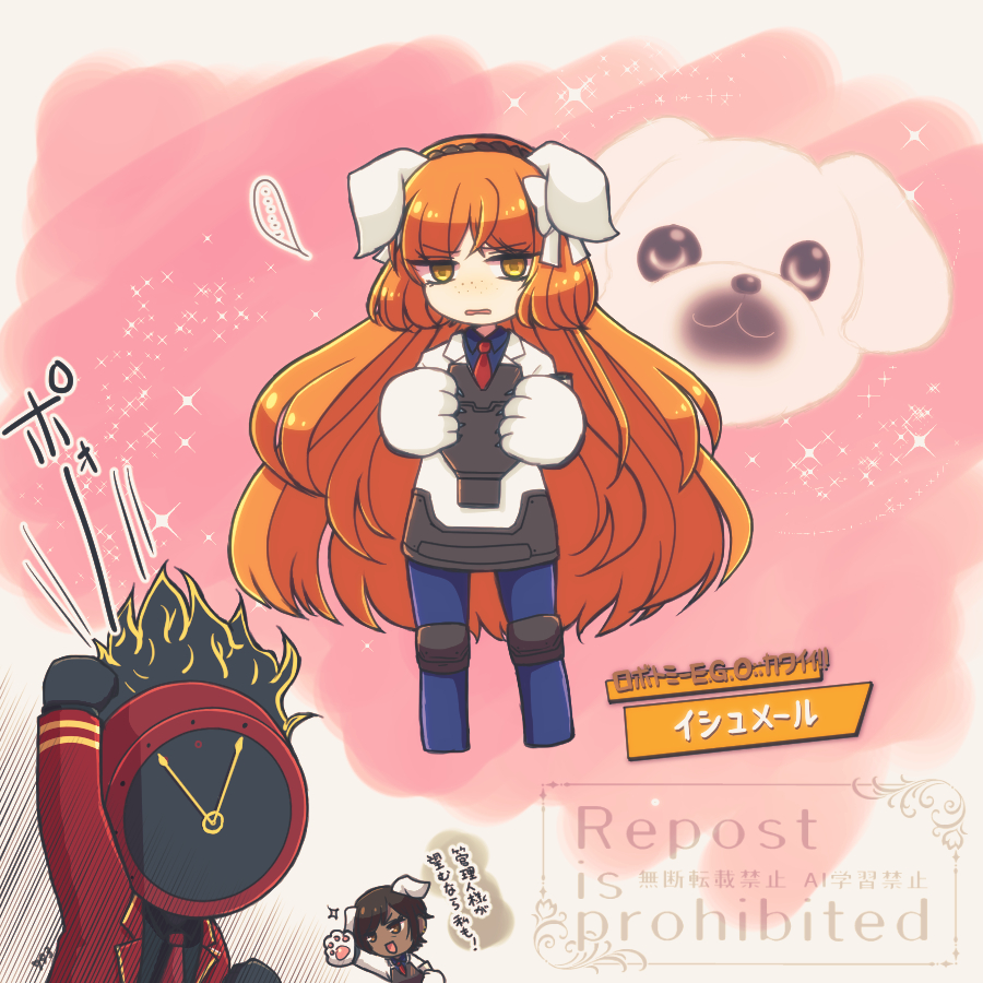 1other, 2girls, 793_(oo793oo), animal_ears, animal_hands, blue_shirt, brown_eyes, brown_hair