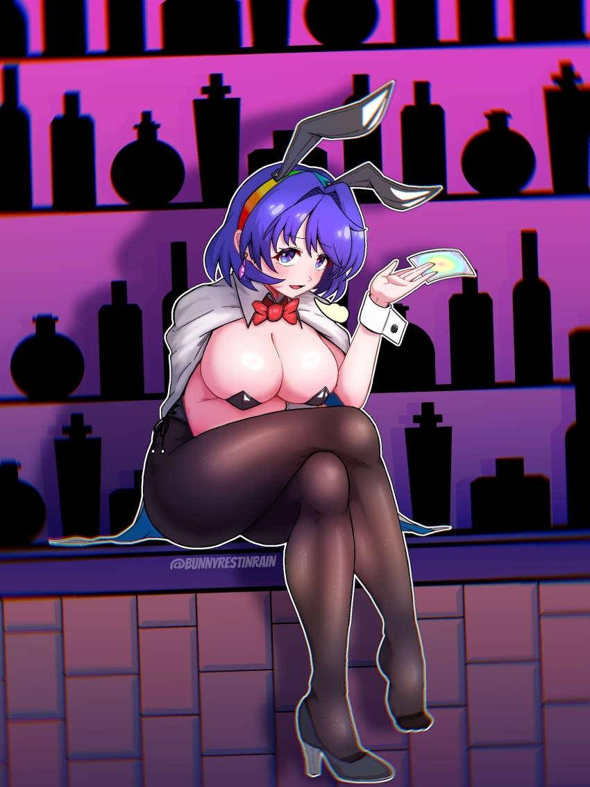 ability_card_(touhou), absurdres, animal_ear_hairband, animal_ears, arm_across_waist, bar_(place), black_leotard, black_shoes