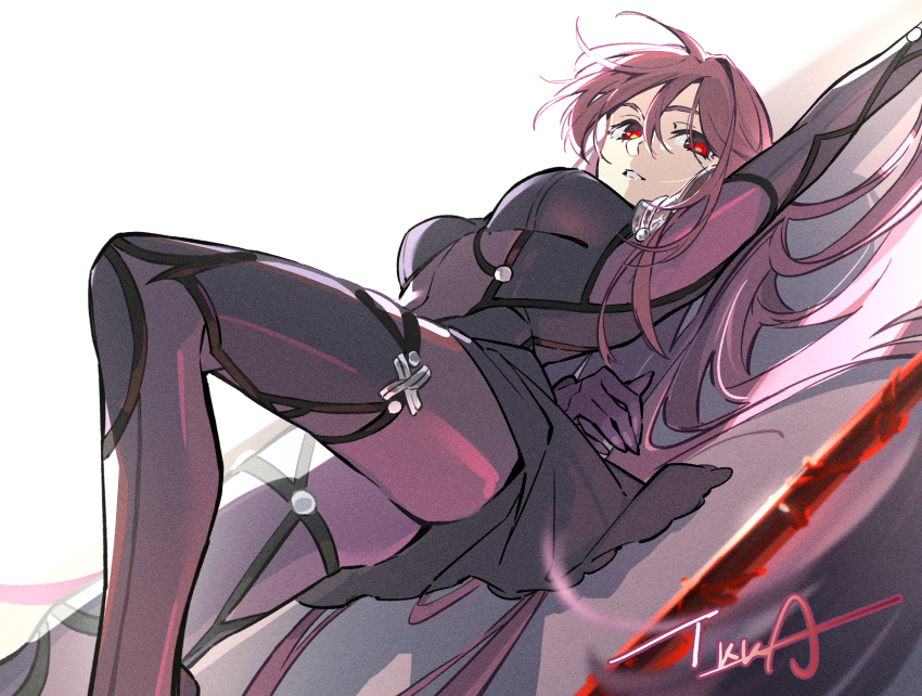 1girl, arm_up, armor, armpits, black_bodysuit, bodysuit, breasts, covered_navel, fate/grand_order, fate_(series), hair_between_eyes, hair_intakes, hashtag-only_commentary, highres, ikka_(theworl35753194), long_hair, looking_at_viewer, lying, on_back, polearm, purple_bodysuit, purple_hair, red_eyes, scathach_(fate), scathach_(lancer)_(fate), shoulder_armor, simple_background, solo, spear, weapon