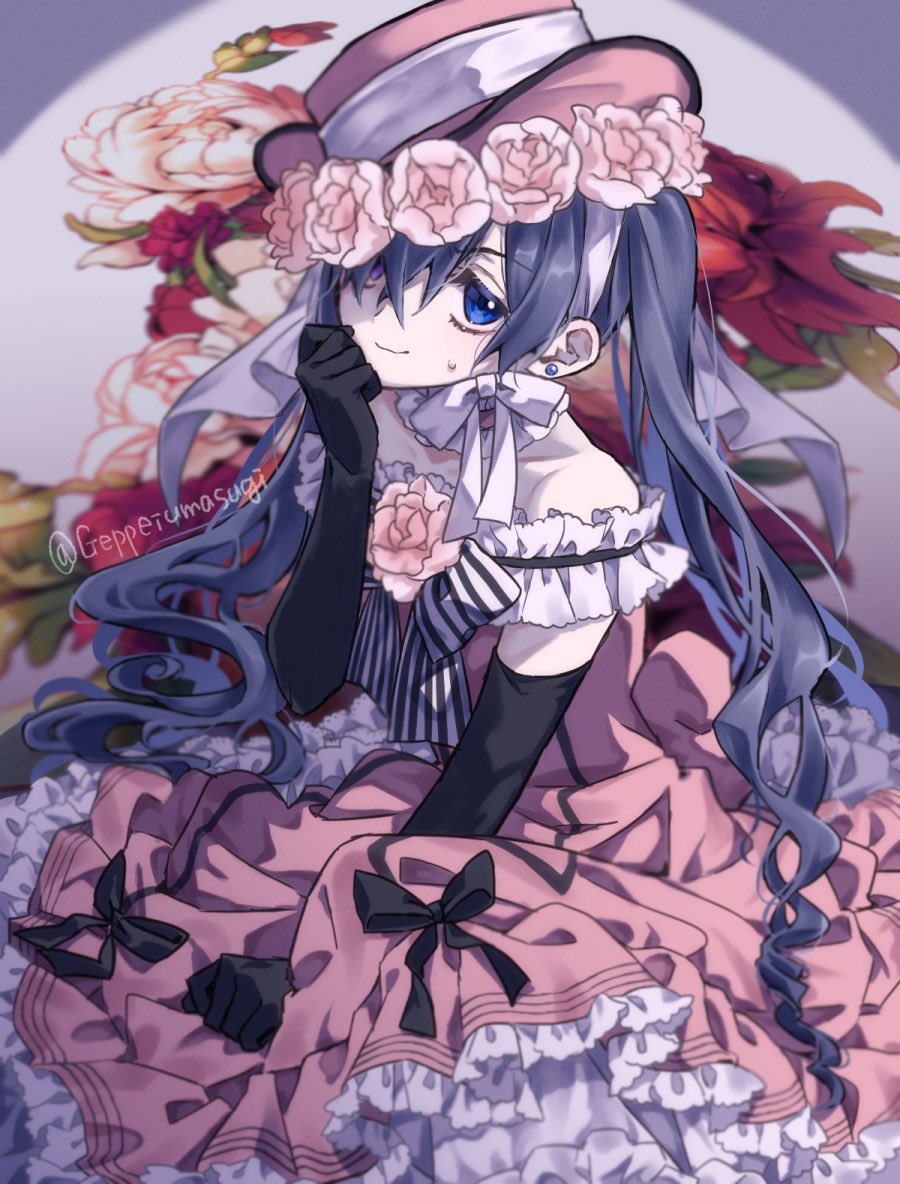1boy, blue_eyes, blue_hair, blurry, brooch, ciel_phantomhive, commentary_request, crossdressing, crossdressing_(mtf), depth_of_field, dress, earrings, elbow_gloves, flower, flower_brooch, frilled_dress, frills, geppeiumasugi, gloves, hair_over_one_eye, hat, hat_flower, heterochromia, jewelry, kuroshitsuji, light_smile, long_hair, looking_at_viewer, male_focus, off-shoulder_dress, off_shoulder, pink_dress, pink_hat, purple_eyes, solo, stud_earrings, trap, twintails