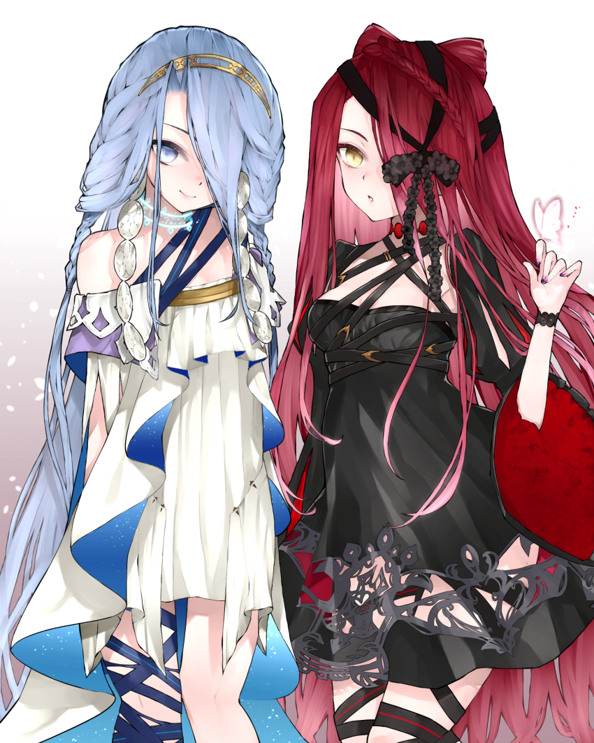 2girls, bare_shoulders, black_dress, blue_eyes, blue_hair, blue_ribbon, bow, braid
