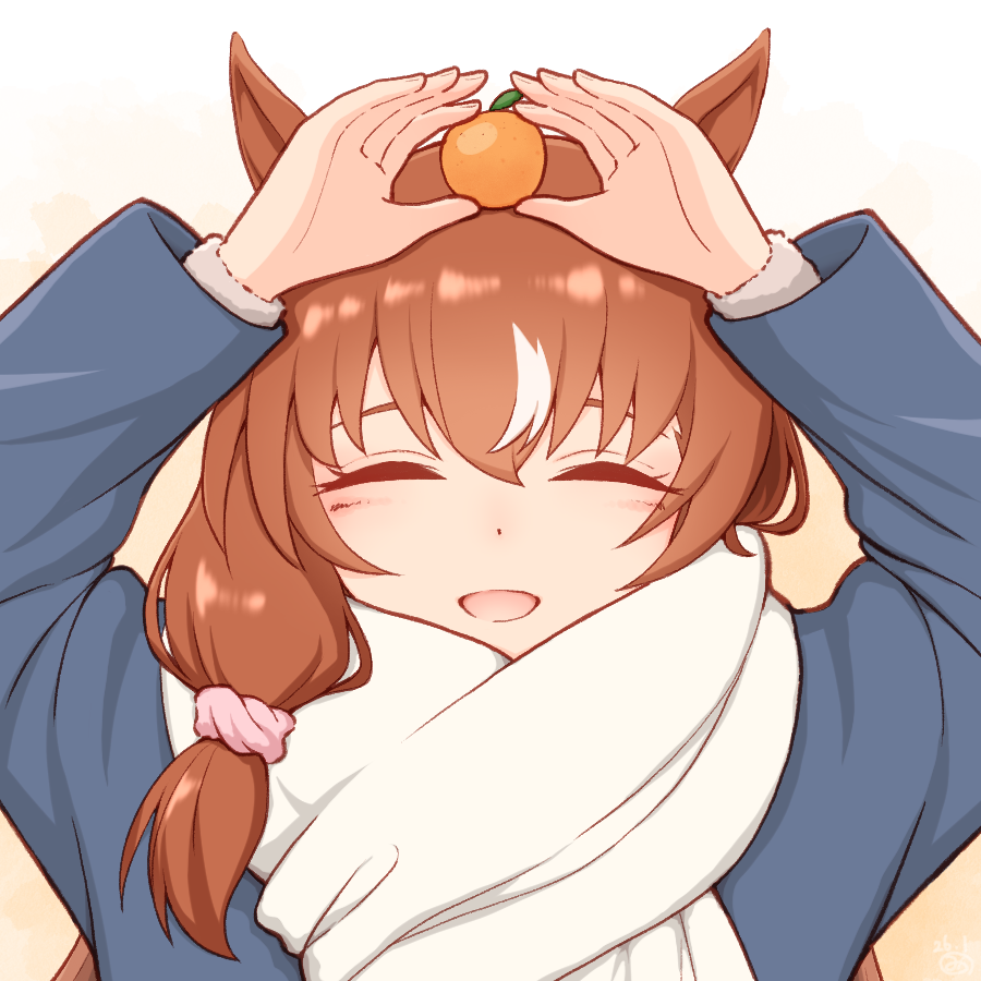1girl, animal_ears, blue_coat, blush, brown_hair, closed_eyes, coat, commentary_request