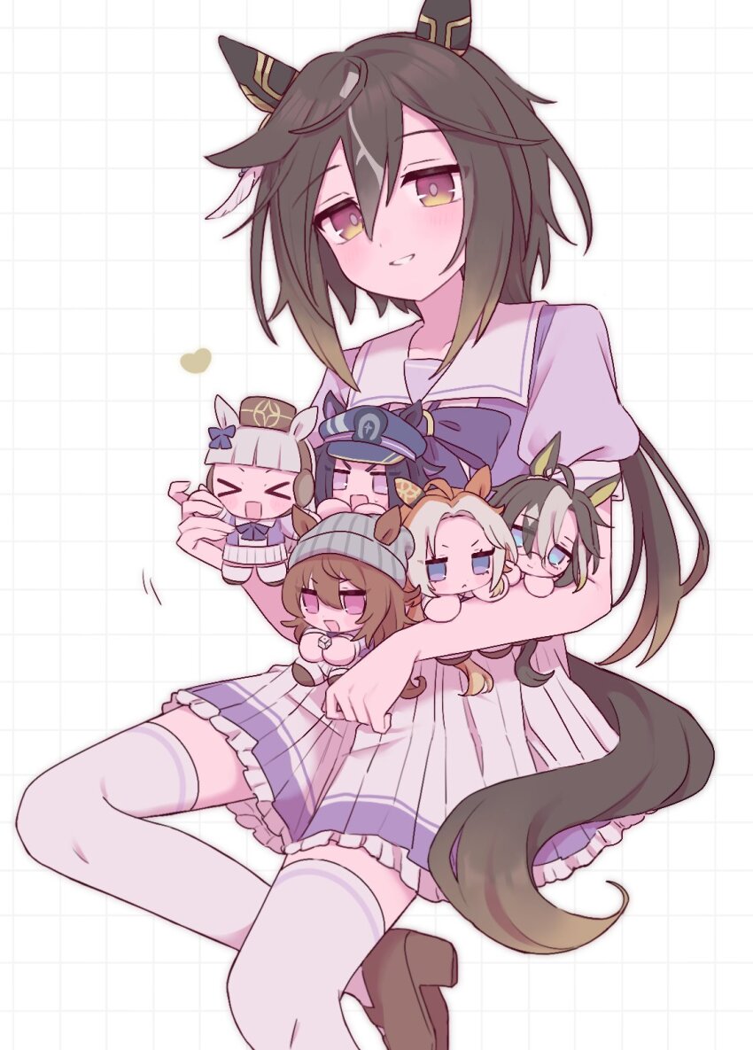 >_<, 6+girls, ahoge, animal_ears, beanie, black_hair, blue_eyes, blunt_bangs