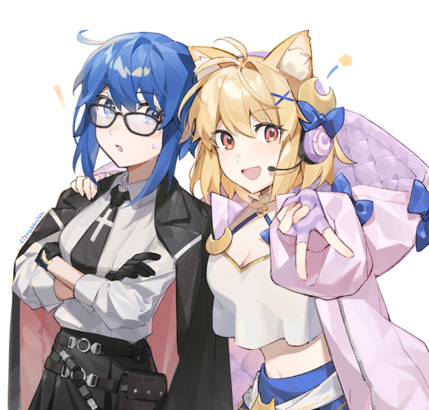 2girls, ahoge, animal_ear_fluff, animal_ears, arcueid_brunestud, belt, black_gloves, black_jacket