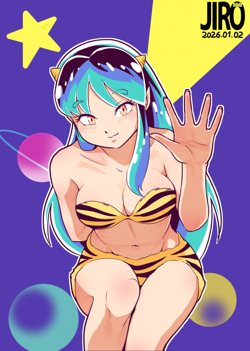 1girl, animal_print, aqua_hair, arm_behind_back, artist_logo, bikini, blue_background, breasts