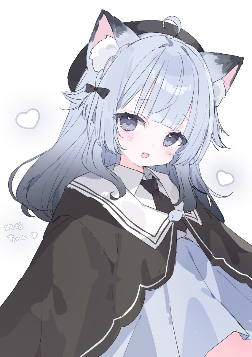 1girl, :3, :d, absurdres, ahoge, animal_ear_fluff, animal_ears, beret, black_hat, black_necktie, black_shirt, blunt_bangs, blush, cat_ears, cat_girl, character_name, commentary, fang, grey_eyes, grey_hair, hair_intakes, hat, highres, indie_virtual_youtuber, long_hair, long_sleeves, looking_at_viewer, namu_(x_xww), necktie, nekoto_rena, open_mouth, sailor_collar, shirt, simple_background, smile, solo, untranslatable_commentary, upper_body, virtual_youtuber, white_background, white_sailor_collar