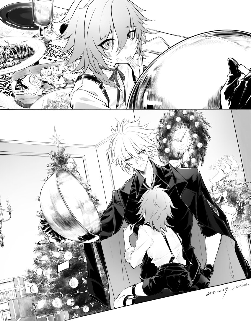 2boys, absurdres, black_shirt, black_shorts, braid, christmas, christmas_tree, christmas_wreath