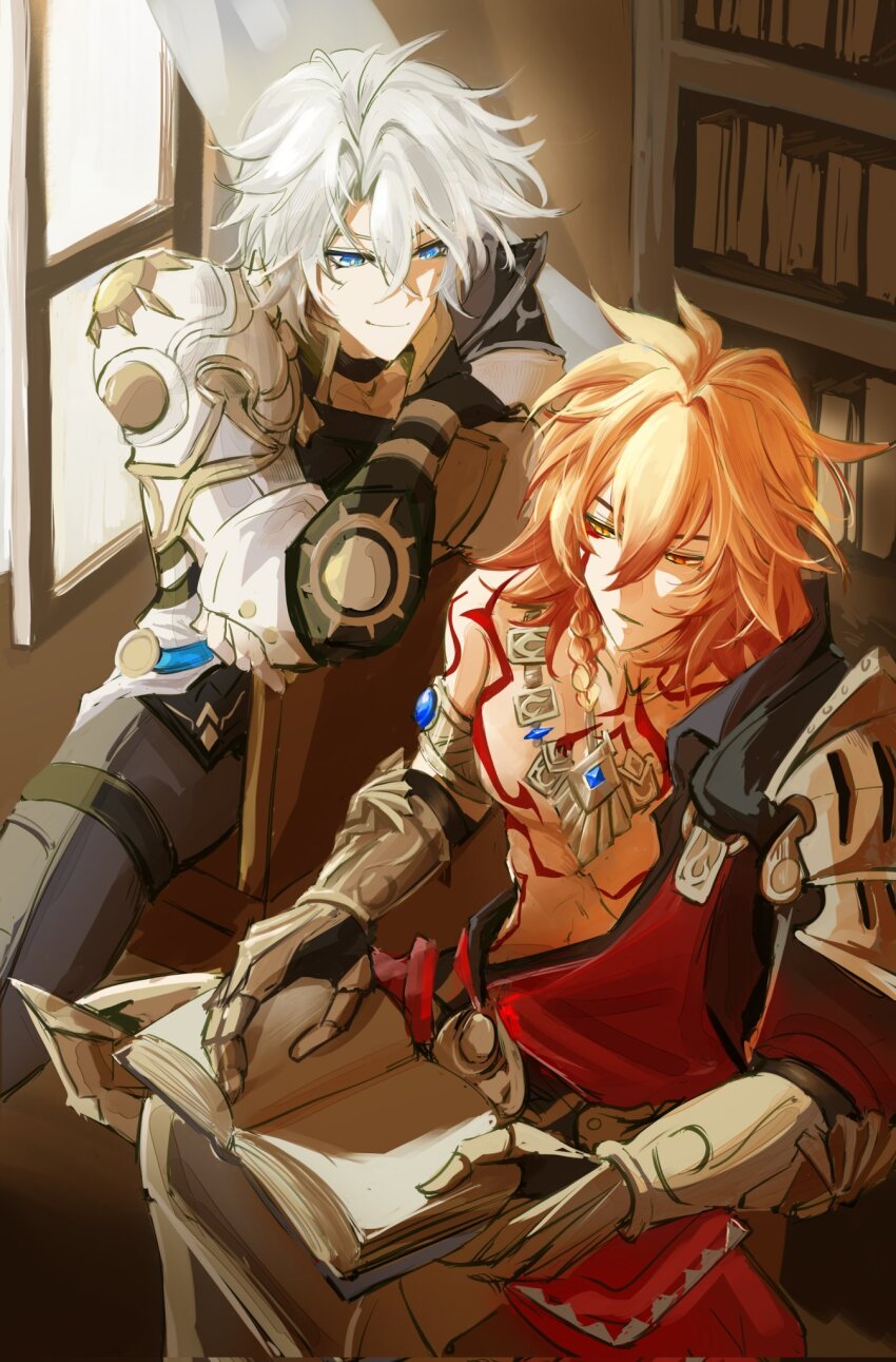2boys, antenna_hair, arm_tattoo, armlet, armor, black_choker, black_coat, black_pants, black_shirt, blonde_hair, blue_eyes, book, braid, chest_tattoo, choker, clawed_gauntlets, coat, commentary, earrings, english_commentary, facial_tattoo, gold_earrings, gold_necklace, gradient_hair, highres, holding, holding_book, honkai:_star_rail, honkai_(series), indoors, jewelry, male_focus, medium_hair, multicolored_hair, multiple_boys, mydei_(honkai:_star_rail), neck_tattoo, necklace, open_clothes, open_coat, pants, parted_bangs, pauldrons, phainon_(honkai:_star_rail), red_hair, red_tattoo, shirt, short_hair, shoulder_armor, side_braid, single_pauldron, sitting, sun_symbol, sun_tattoo, tan, tattoo, thigh_strap, tofuyafuu9, white_coat, white_hair, yellow_eyes