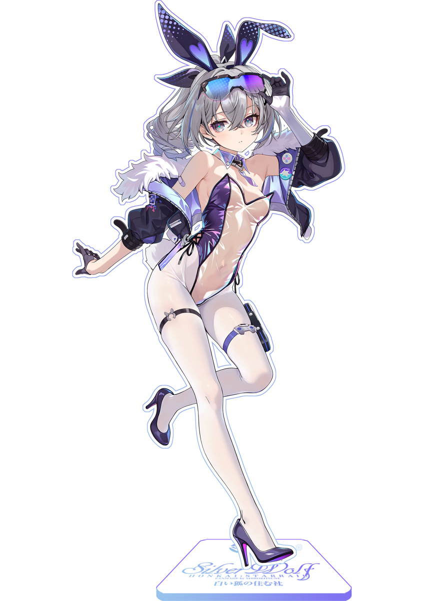 1girl, acrylic_stand_(medium), adjusting_eyewear, alternate_costume, animal_ears, bandaid, bandaid_on_arm, bare_shoulders, black_gloves, black_jacket, black_shoes, breasts, commentary_request, covered_navel, crossed_bangs, detached_collar, drill_hair, drill_ponytail, eyewear_on_head, fake_animal_ears, fake_tail, full_body, gloves, gradient-tinted_eyewear, grey_hair, hair_between_eyes, half_gloves, high_heels, highres, honkai:_star_rail, honkai_(series), jacket, leotard, looking_at_viewer, looking_to_the_side, medium_breasts, open_clothes, open_jacket, parted_lips, playboy_bunny, ponytail, purple-tinted_eyewear, purple_leotard, rabbit_ears, rabbit_tail, shirokitsune, shoes, silver_wolf_(honkai:_star_rail), simple_background, single_drill, solo, standing, standing_on_one_leg, strapless, strapless_leotard, tail, thigh_strap, tinted_eyewear, translucent_bunnysuit, white_background
