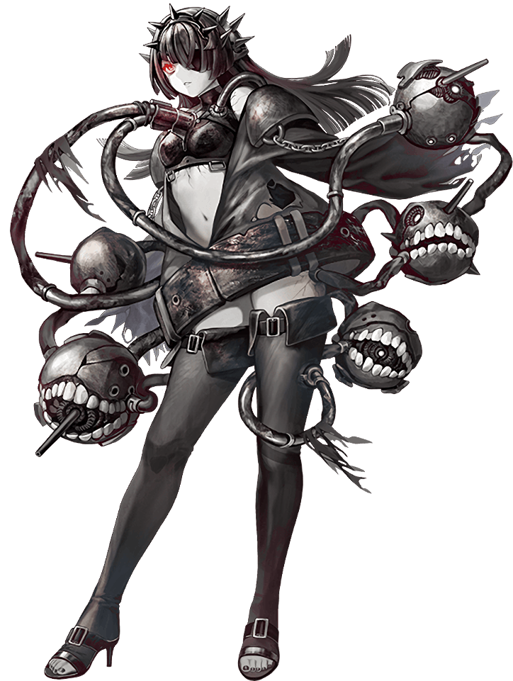 1girl, abyssal_ship, artist_request, black_hair, black_shoes, black_thighhighs, cannon, chain, colored_skin, eyepatch, full_body, glowing, glowing_eyes, hair_over_one_eye, high_heels, kantai_collection, mu-class_light_cruiser, navel, official_art, pale_skin, red_eyes, rigging, shoes, solo, thighhighs, toenails, toes, transparent_background