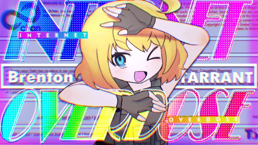 >_o, 1girl, 8chan, ;d, a1binos1ug, animification, arm_up, bare_arms