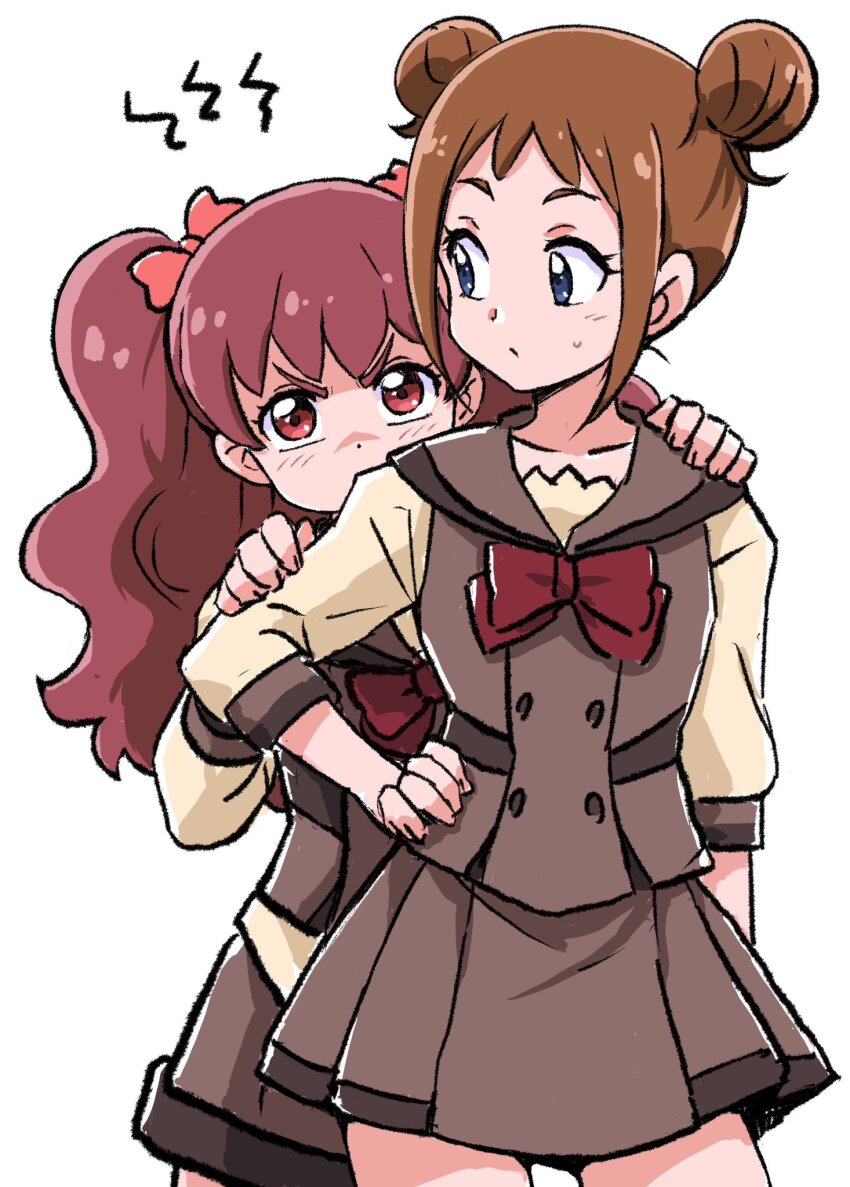 2girls, angry, arm_at_side, blue_eyes, blush, bow, bowtie, brown_hair