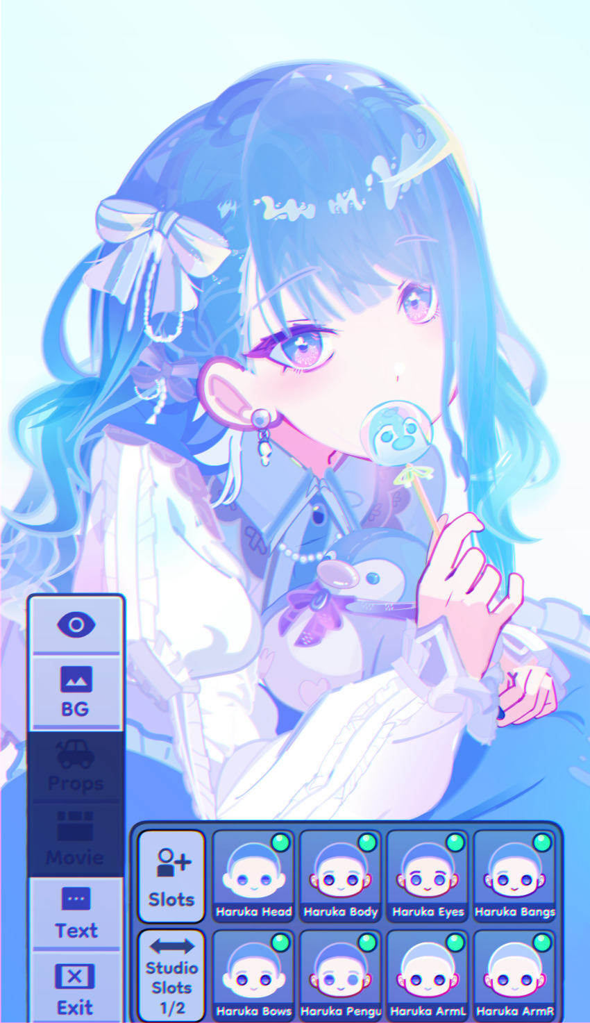 1girl, art_program_in_frame, bloom_festival_(project_sekai), blue_eyes, blue_hair, blue_theme, candy, cushion, earrings, food, gacha_(lunime), gacha_(series), gacha_life, gacha_life_(medium), hair_ribbon, highres, holding, holding_candy, holding_food, holding_lollipop, jewelry, juliet_sleeves, kiritani_haruka, lollipop, long_sleeves, lying, multicolored_eyes, official_alternate_costume, official_alternate_hairstyle, on_stomach, pink_eyes, project_sekai, puffy_sleeves, ribbon, ritoru_demon, screencap, stuffed_animal, stuffed_penguin, stuffed_toy, two-tone_eyes, white_ribbon, white_sleeves