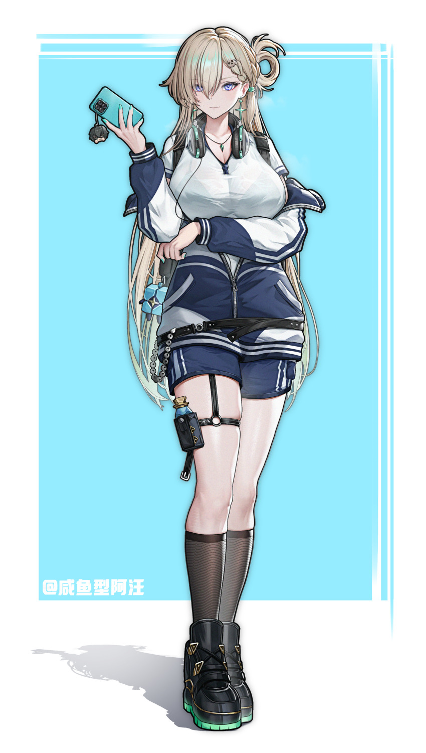 1356497576, 1girl, absurdres, aqua_nails, arm_under_breasts, artist_name, bag_charm, beads